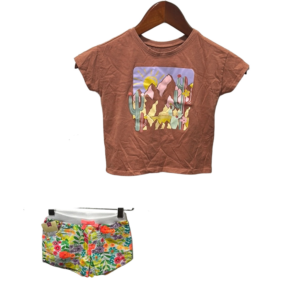 Cherokee&Garanimals Brown Graphic Tee and Floral Shorts Set size 4 GUC
